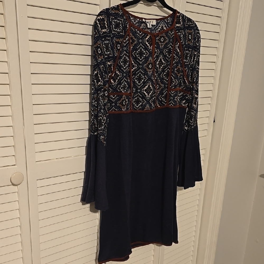THML Womens PATCHWORK Blue and Brown Long Sleeve Bell Dress - Picture 2 of 5